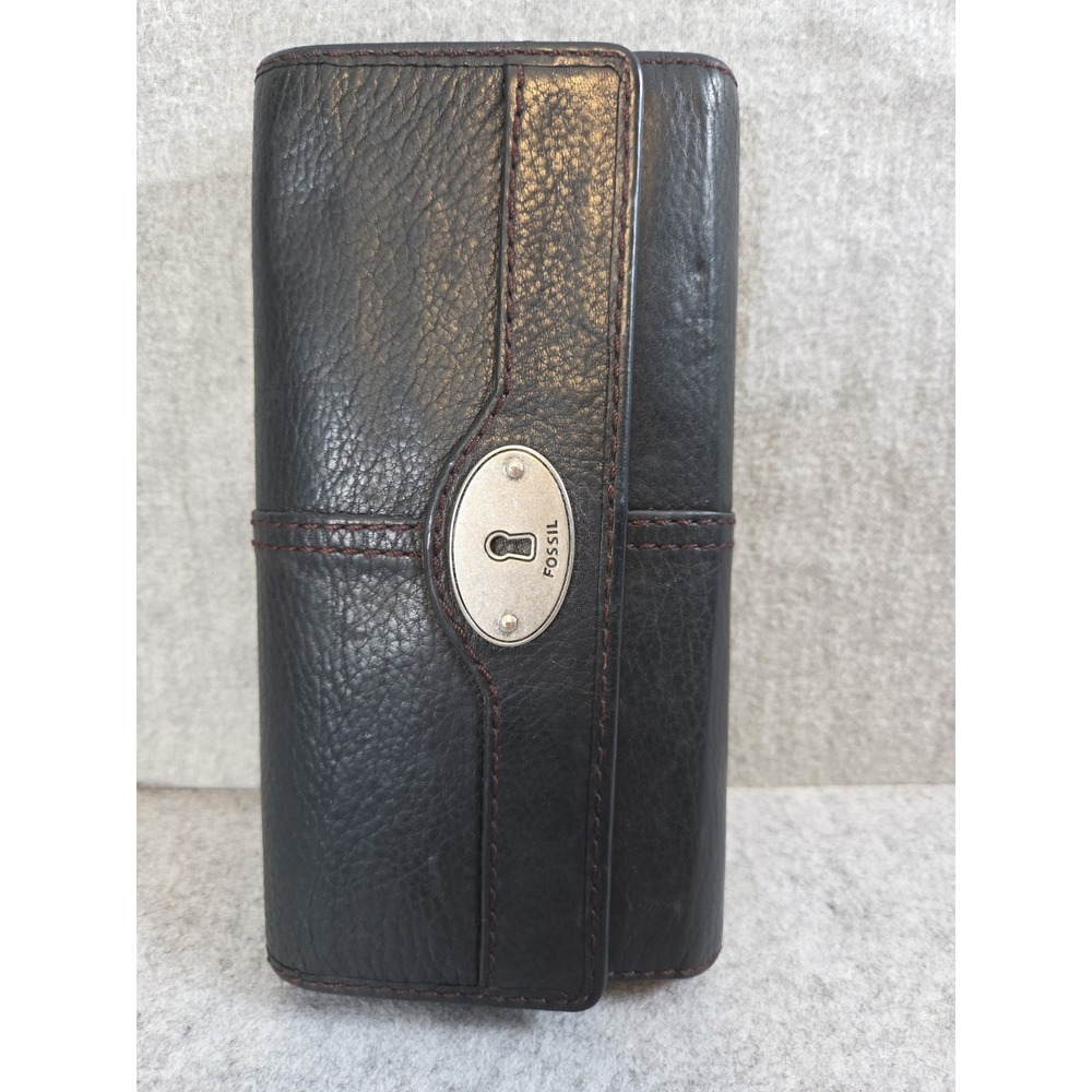 Fossil Black Pebble Leather Triple Compartments Bifold Clutch Wallet Key Logo